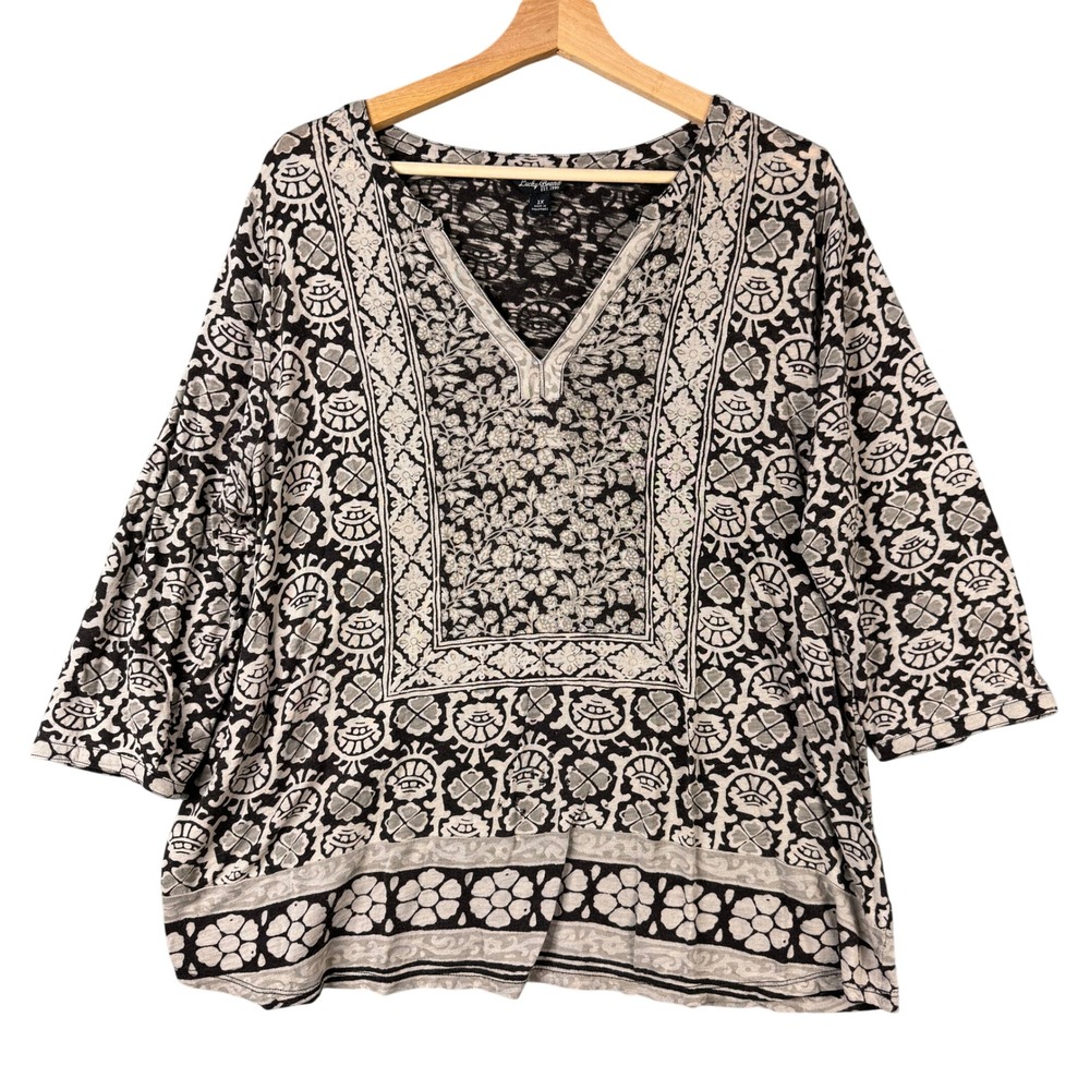 Lucky Brand Black Floral Medallion Boho Tunic V-Neck 3/4 Sleeve Top Plus 1X